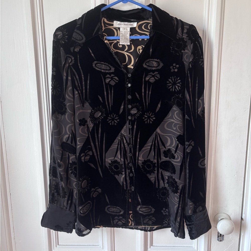 Vintage Jones New York Black Velvet/Silk Button Down Burnout Long Sleeve Blouse